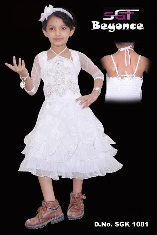 Party Wear - Net Material, Knee-Length, White, Sequins & Stone Work, Floral Design, Comfortable Fit
