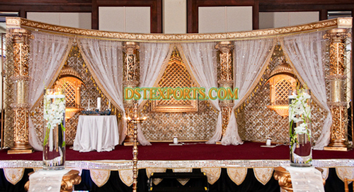 LATEST MUSLIM WEDDING GOLD CRYSTAL STAGE SET - Wood, Crystal, Gold, Modular | Elegant Design, Durable, Easy Assembly, Customizable, Grand Appearance
