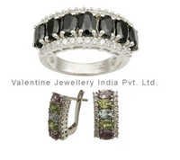 Sterling Silver Gemstone Jewelry Set - 2013 Design, Multi Semi-precious Stones, Cluster Ring & Solitaire Earrings For Women