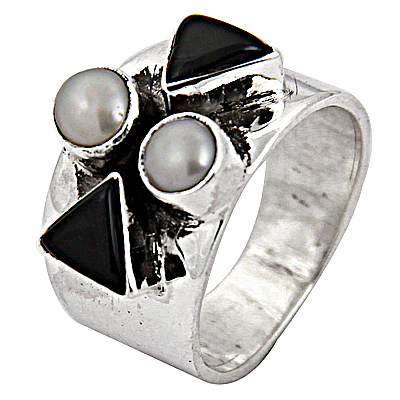 Festive Jewelry Black Onyx & Pearl Gemstone Silver Ring