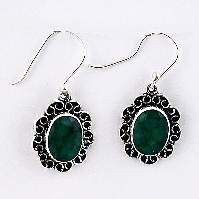 Traditional Green Corundum Gemstone Silver Earrings