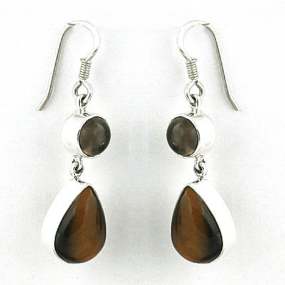 Luxurious Smokey Quartz & Tiger Eye Gemstone Silver Earrings