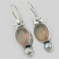 Famous Designer Pearl & Rose Quartz Gemstone Silver Earrings 