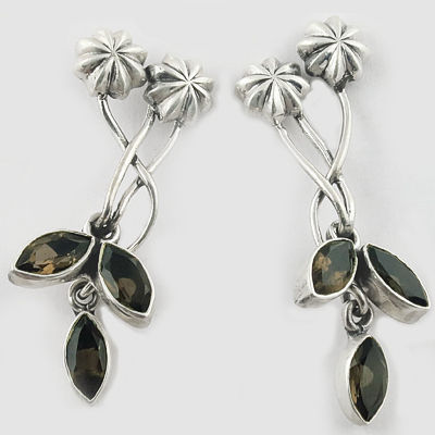 Antique Flower & Leaf Smokey Quartz Gemstone Silver Earrings