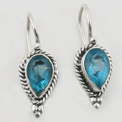 Designer, Extra Shine Blue Topaz Gemstone Silver Earrings