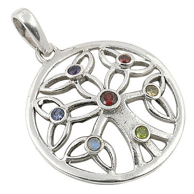 Fret Work Round Multi Gemstone Silver Pendant