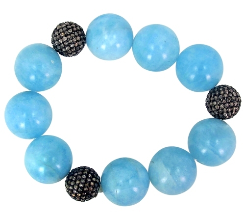 Silver Diamond Aquamarine Gemstone Beaded Bracelet