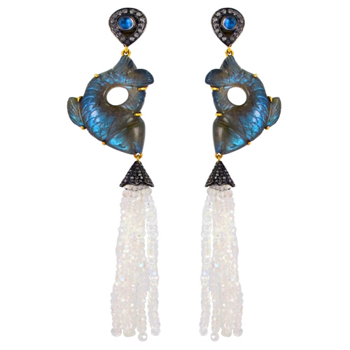 Gemstone Carving Diamond Tassel Earrings