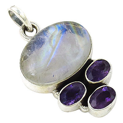 Top Quality Amethyst & Rainbow Moonstone Gemstone Silver Pendant