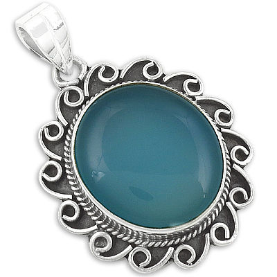 Indian Designer Blue Chalcedony Gemstone Silver Pendant