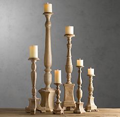 Florentine Carved Wood Candlesticks - Wood, Varied Height, Beige | Elegant Design, Natural Finish, Case Pack