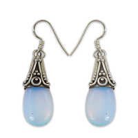Synthetic Opal Natural Gemstone Silver Earrings - 925 Sterling Silver, Drop Shape, 6.4gms