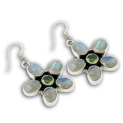 Cute Flower Style Gemstone Peridot & Rainbow Moonstone Silver Earrings