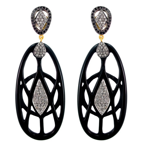 Black Onyx Carving Pave Diamond Earrings
