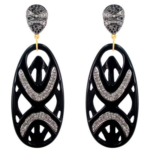 Gemstone Onyx Carving Pave Diamond Earrings