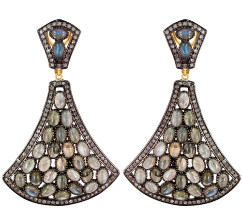 Labradorite Gemstone Silver Diamond Earrings - 14k Gold Sterling Silver, 31.06 Cts Labradorite, 2.64 Cts Diamond, Elegant Design