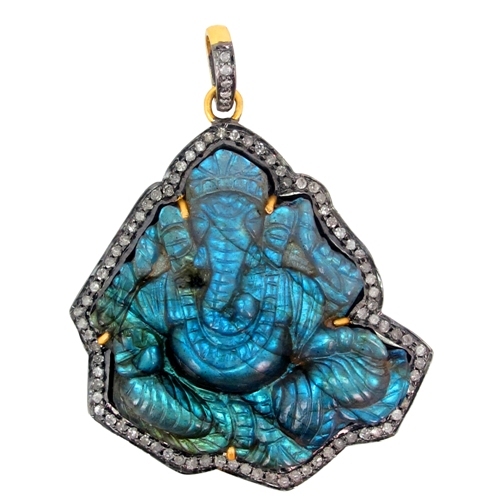 Lord Ganesha Labradorite Carving Gold Diamond Pendant