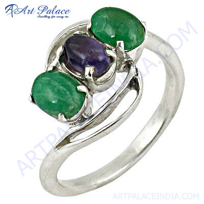 Fashion Accessories Amethyst  & Green Onyx Silver Ring