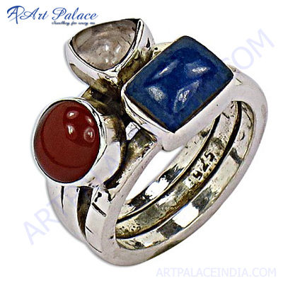 Hot Selling Lapis Red Onyx Rose Quartz Silver Gemstone Ring