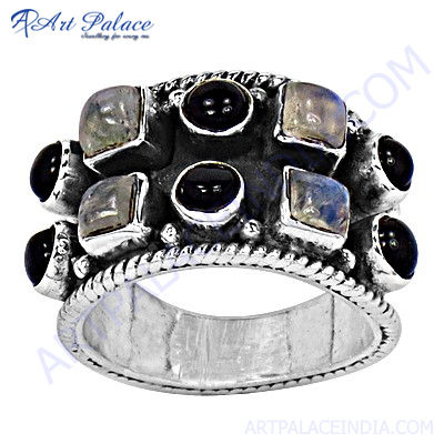 Cute Black Onyx Raimbow 925 Sterling Silver Ring