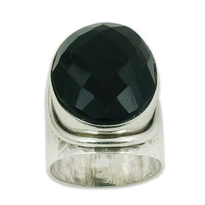Delicate Oval Black Onyx Gemstone Silver Ring