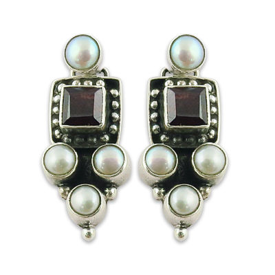 Excellent New Garnet & Pearl Gemstone Silver Earrings