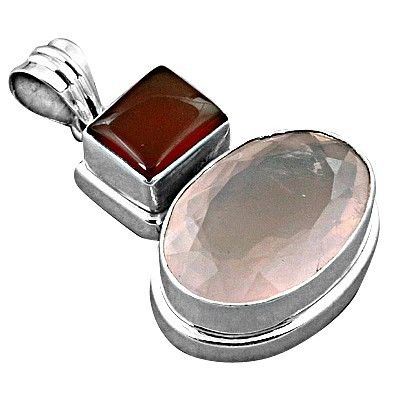 New Antique Red Onyx & Rose Quartz Gemstone Silver Pendant