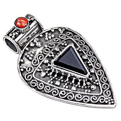 Traditional Black Onyx & Sponge Coral Gemstone Silver Pendant