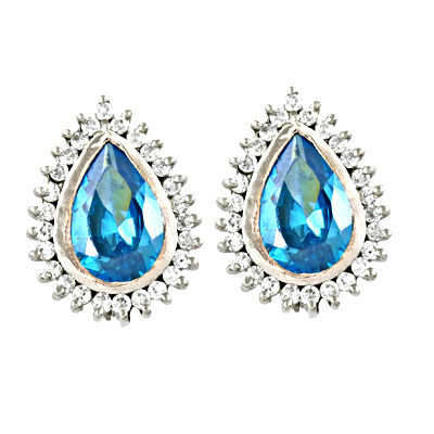 Attractive Blue Topaz & Cubic Zirconia Gemstone Silver Earrings 