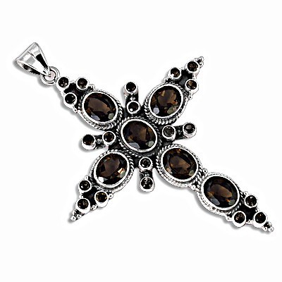 Newest Style Smokey Quartz Gemstone Silver Cross Pendant