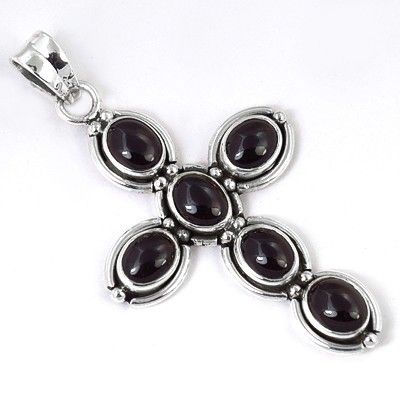 Unusual Garnet Gemstone Cross Silver Pendant