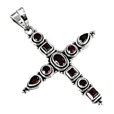 Hot Garnet Gemstone Silver Cross Pendant