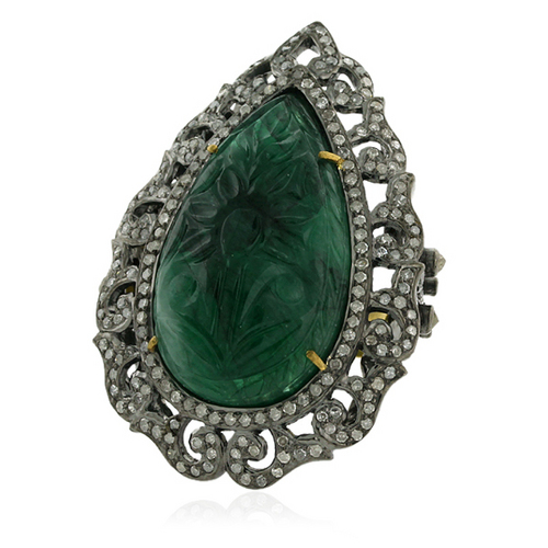 Carved Emerald Pave Diamond Ring
