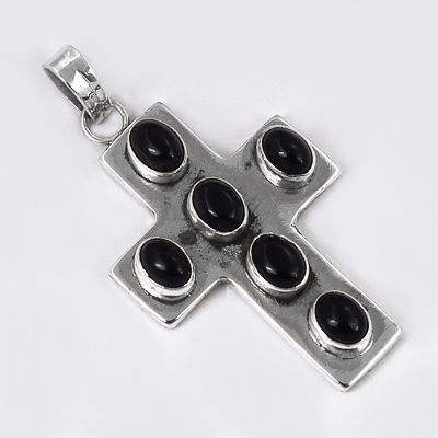 Black Onyx Gemstone Silver Cross Pendant