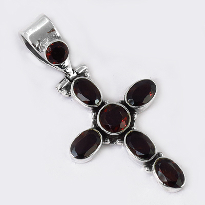 Redy to Wear Cross Garnet Gemstone Silver Pendant