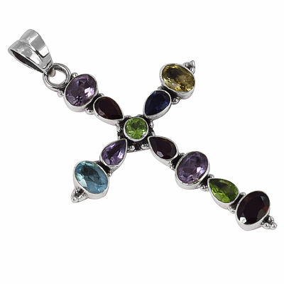 New Arrival Multi Gemstone SIlver  Cross Pendant