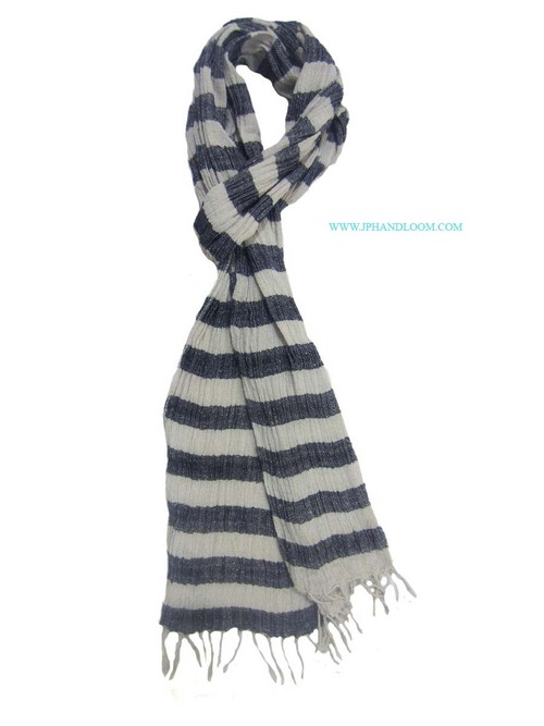 Designer Silk Crinkle Stoles - 100% Hand Woven, 180 cm x 20 cm, White and Black, Silk & Cotton Blend, Fringe Closure, Printed Pattern