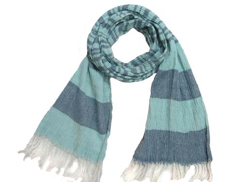 Silk Wool Blended Scarf - Silk Blend, Fringe Closure, Blue Color, Printed Pattern | Women's Silk Stoles