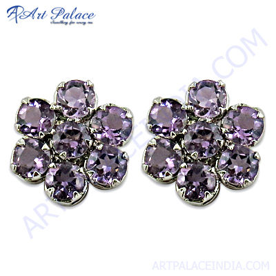 Flower Shape In Amethyst Gemstone Silver Earrings