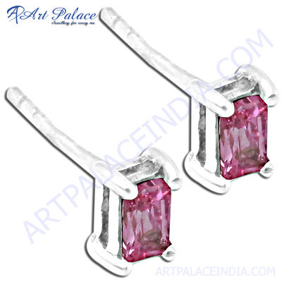 Hot Elegant Pink Cubic Zirconia Gemstone Silver Earrings