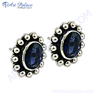 Hot Sale Fashionable Blue Glass Gemstone Silver Earrings By ART PALACE