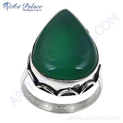 Fashion Accessories Green Onyx Pear Gemstone Silver Ring