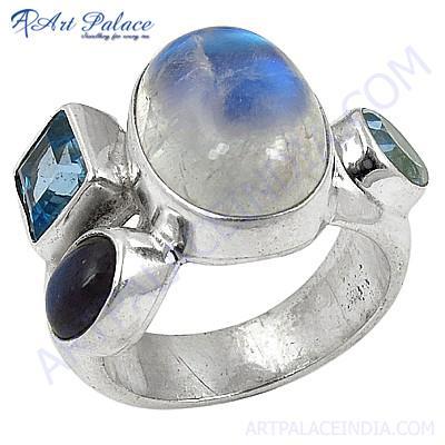 Sterling Zircoinia Blue Topaz Labradorite Rainbow Silver Cool Gemstone Ring 