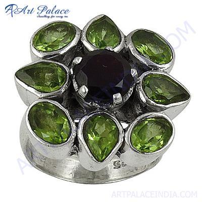 Newest Style Fashion Black Onyx Peridot Sterling Silver Gemstone Ring