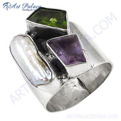  New Natural Amethyst Peidot Gemstone Silver Ring 