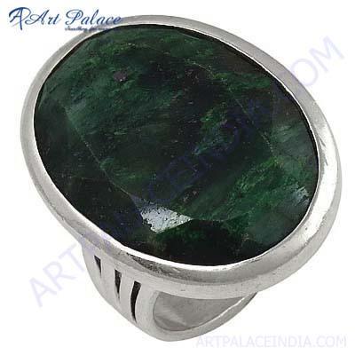 Elegant Fancy Sterling Green Corundum Silver Gemstone Ring