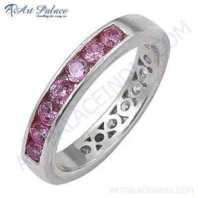Simple Pink Cubic Zirconia Silver Gemstone Ring