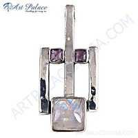 Amethyst Rainbow Moonstone Silver Gemstone Pendant - 925 Sterling Silver, 40x20mm, Purple & Iridescent White, Handmade, Bohemian Style