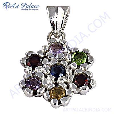 Flower Amethyst Blue Glass Citrine Silver Gemstone Pendant