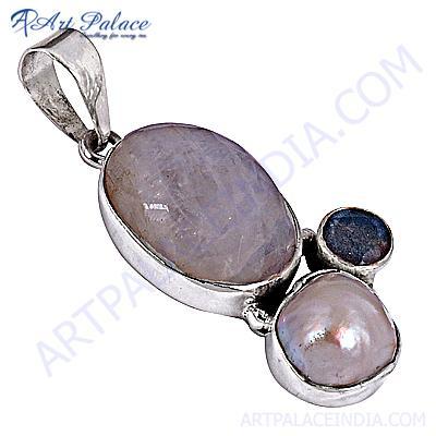  Designer Labradorite & Pearl & Rainbow Moonstone Gemstone Silver Pendant